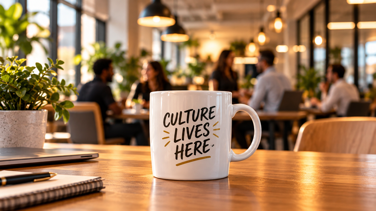Coffee mug reading Culture Lives Here, fully visible in a modern office, representing how company culture is created in everyday moments.