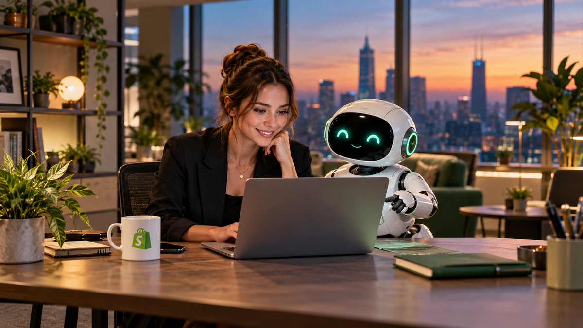 Professional collaborating with an AI assistant at a laptop, representing AI as a practical tool for better performance.