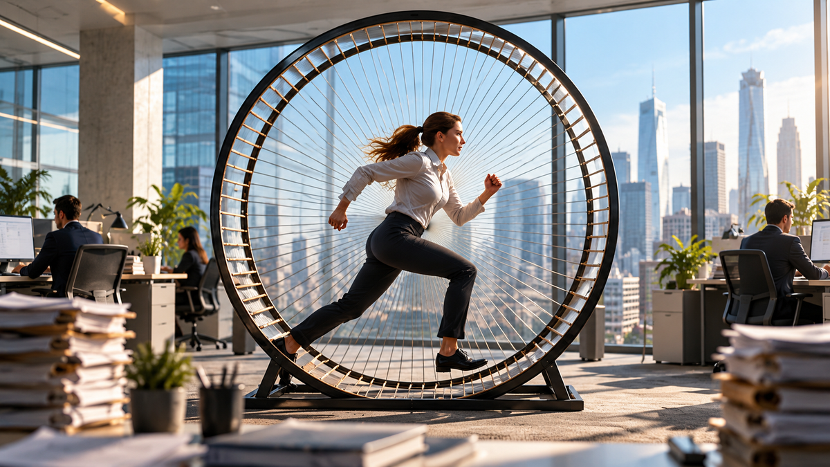 Employee running inside a single oversized hamster wheel in a modern office, representing constant activity without meaningful progress.